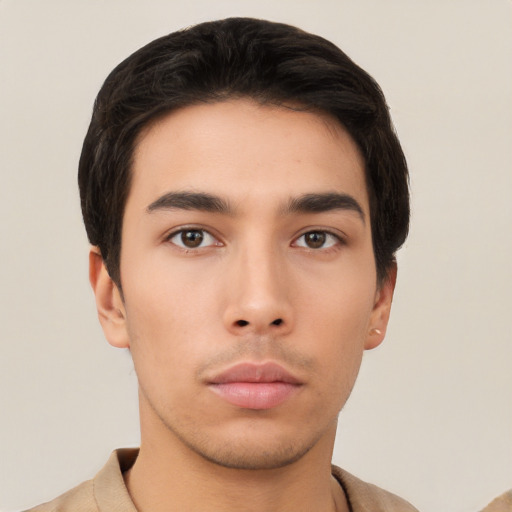 Neutral asian young-adult male with short  black hair and brown eyes