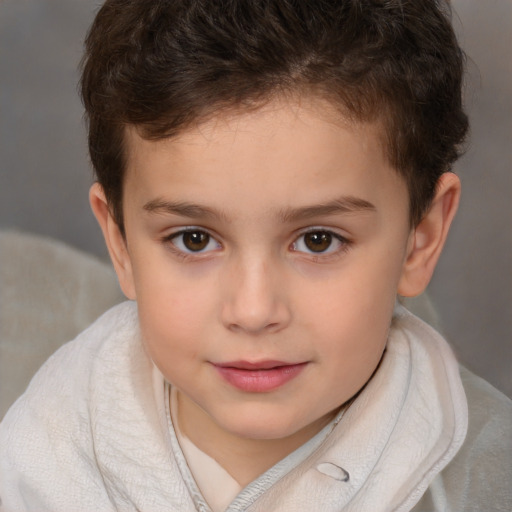 Joyful white child female with short  brown hair and brown eyes