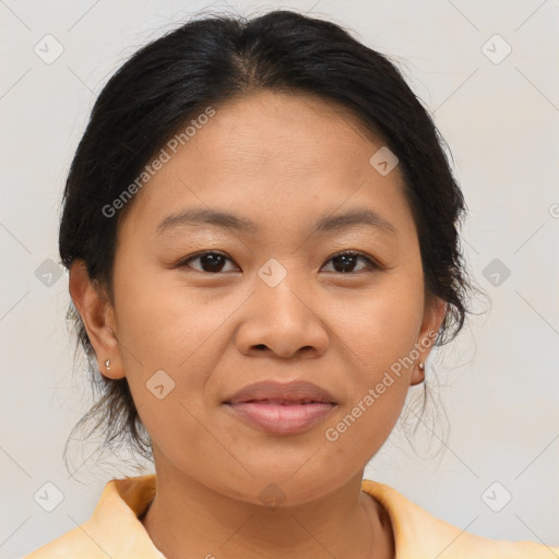 Joyful asian young-adult female with medium  brown hair and brown eyes