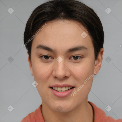 Joyful white young-adult female with short  brown hair and brown eyes