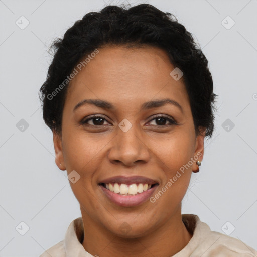 Joyful latino young-adult female with short  black hair and brown eyes