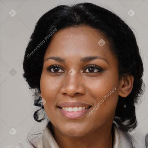 Joyful black young-adult female with medium  black hair and brown eyes