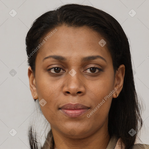 Joyful black young-adult female with medium  black hair and brown eyes