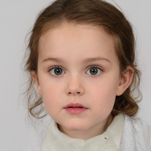 Neutral white child female with medium  brown hair and grey eyes