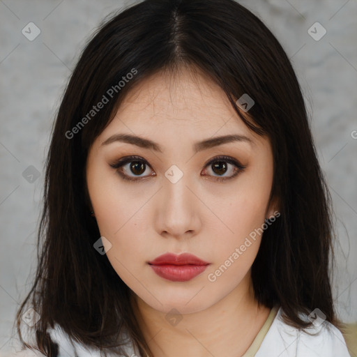 Neutral white young-adult female with medium  brown hair and brown eyes