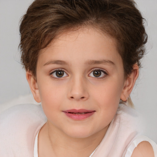 Joyful white child female with medium  brown hair and brown eyes