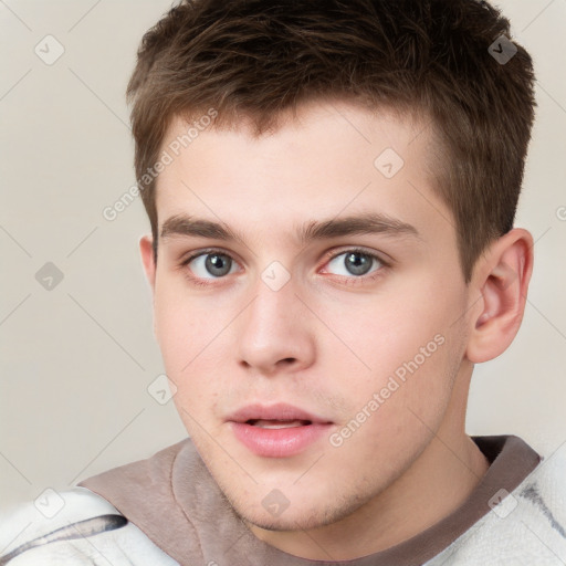 Neutral white young-adult male with short  brown hair and brown eyes