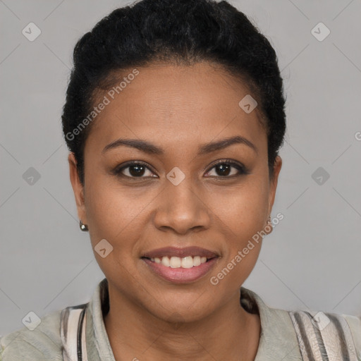 Joyful latino young-adult female with short  brown hair and brown eyes