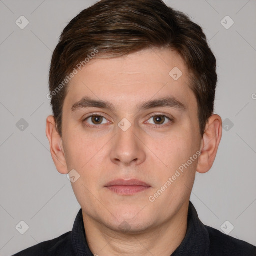 Neutral white young-adult male with short  brown hair and brown eyes