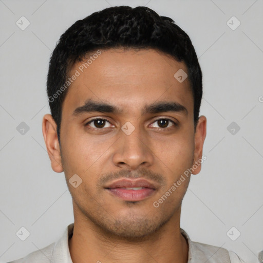 Neutral latino young-adult male with short  black hair and brown eyes