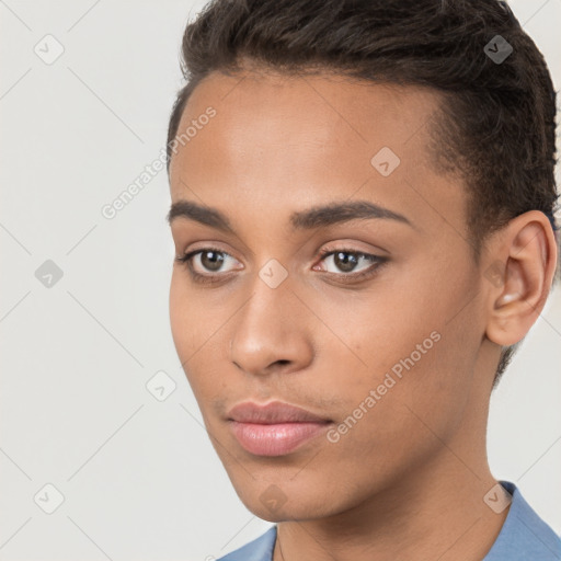 Neutral white young-adult female with short  brown hair and brown eyes