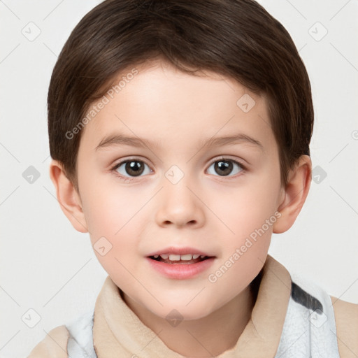 Joyful white child male with short  brown hair and brown eyes