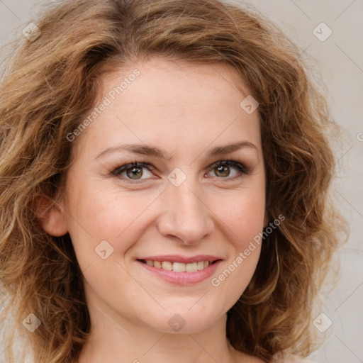 Joyful white young-adult female with medium  brown hair and green eyes