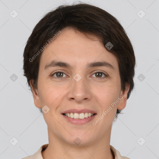 Joyful white young-adult female with short  brown hair and brown eyes