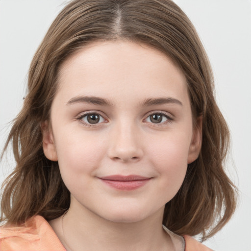 Joyful white child female with medium  brown hair and brown eyes