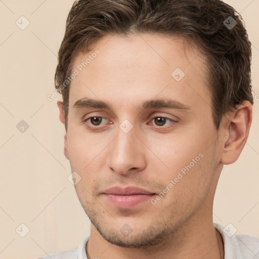 Neutral white young-adult male with short  brown hair and brown eyes