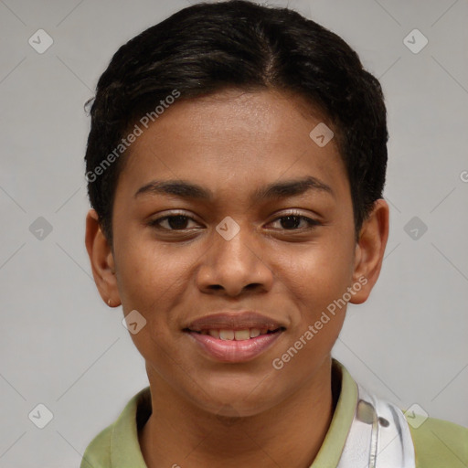 Joyful latino young-adult female with short  brown hair and brown eyes