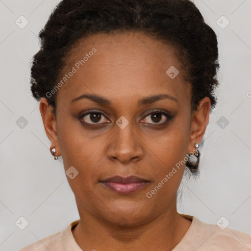 Neutral black young-adult female with short  brown hair and brown eyes