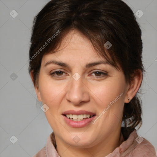 Joyful white adult female with medium  brown hair and brown eyes