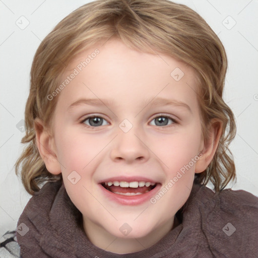 Joyful white child female with medium  brown hair and grey eyes