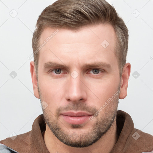 Neutral white young-adult male with short  brown hair and grey eyes