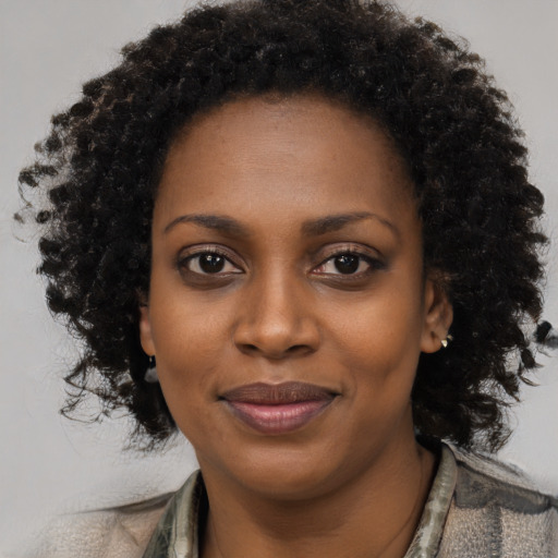 Joyful black young-adult female with short  black hair and brown eyes