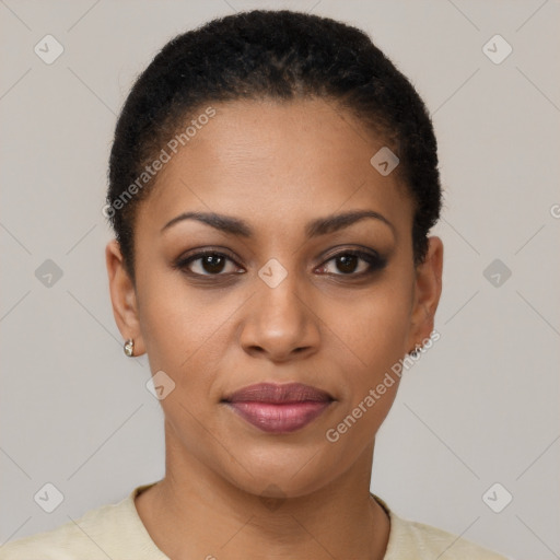Joyful latino young-adult female with short  brown hair and brown eyes