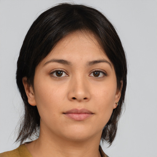 Neutral asian young-adult female with medium  brown hair and brown eyes
