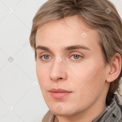 Neutral white young-adult female with medium  brown hair and grey eyes