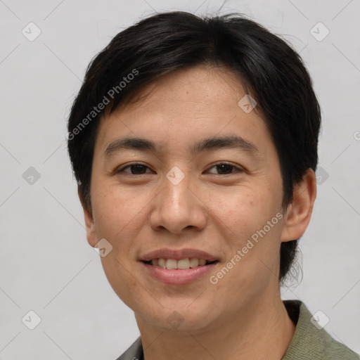 Joyful asian young-adult male with short  brown hair and brown eyes