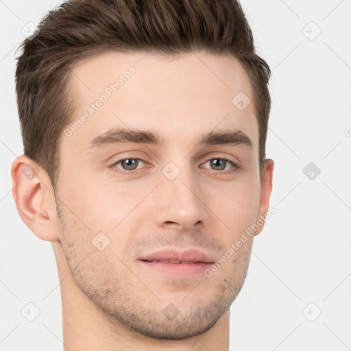 Neutral white young-adult male with short  brown hair and brown eyes