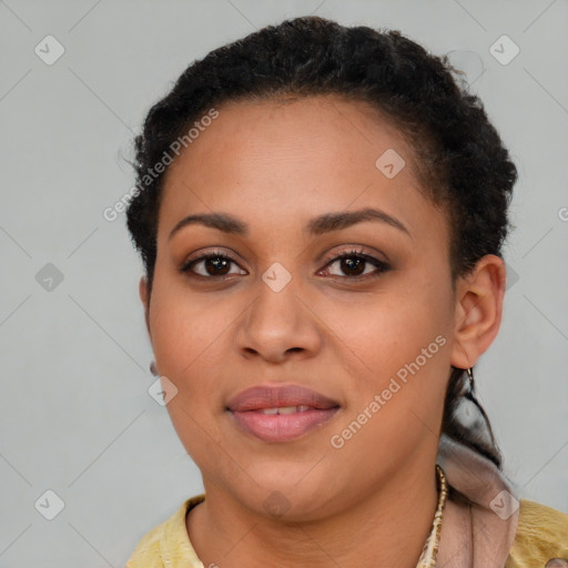 Joyful latino young-adult female with short  brown hair and brown eyes