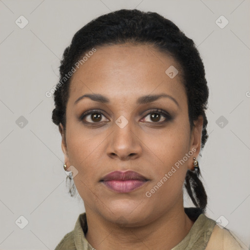 Neutral latino young-adult female with short  black hair and brown eyes