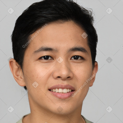 Joyful asian young-adult male with short  brown hair and brown eyes