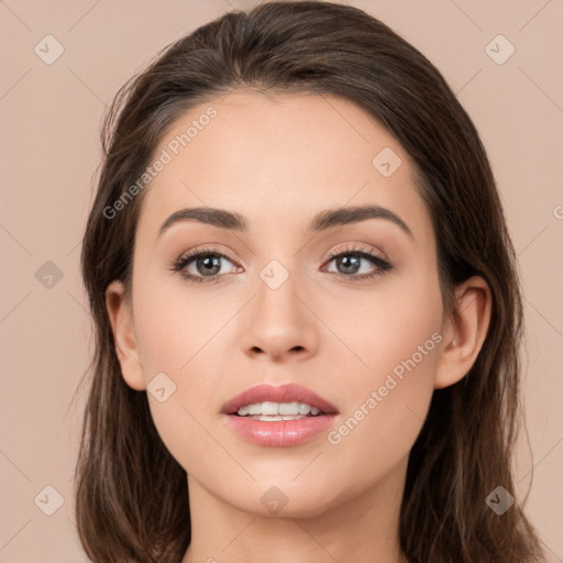 Neutral white young-adult female with long  brown hair and brown eyes