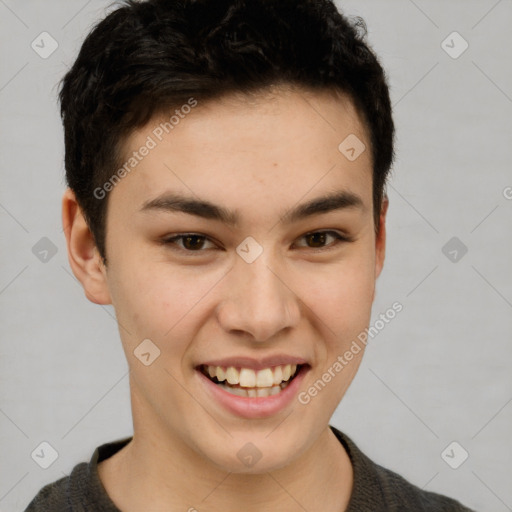 Joyful latino young-adult female with short  brown hair and brown eyes