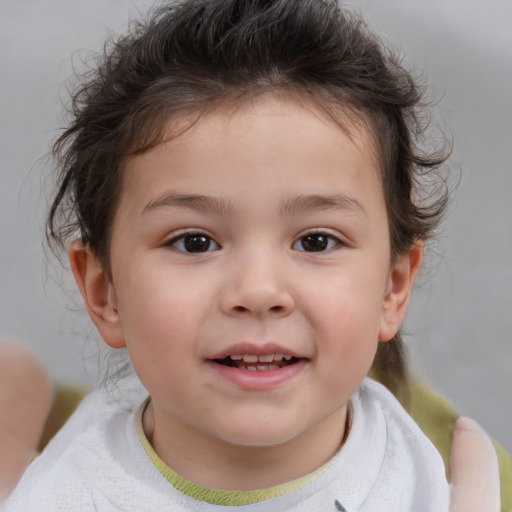 Joyful white child female with short  brown hair and brown eyes