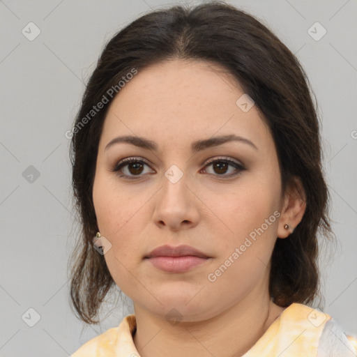 Neutral white young-adult female with medium  brown hair and brown eyes