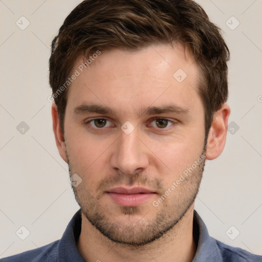 Neutral white young-adult male with short  brown hair and grey eyes