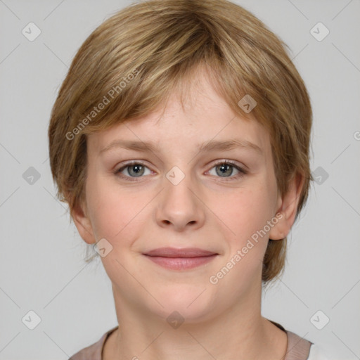 Joyful white young-adult female with medium  brown hair and grey eyes