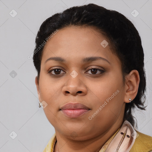 Neutral black young-adult female with short  brown hair and brown eyes