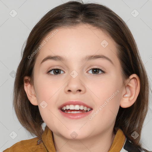 Joyful white child female with medium  brown hair and brown eyes