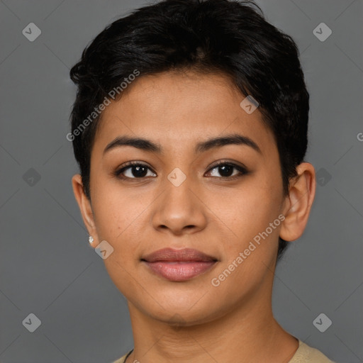 Joyful asian young-adult female with short  brown hair and brown eyes