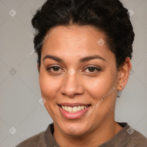 Joyful white adult female with short  brown hair and brown eyes