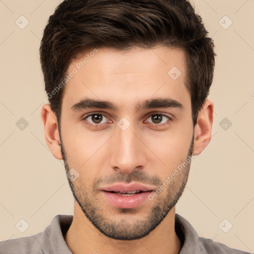 Neutral white young-adult male with short  brown hair and brown eyes