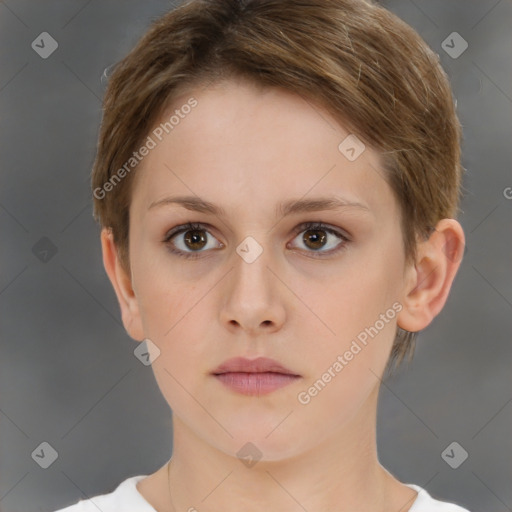 Neutral white young-adult female with short  brown hair and brown eyes