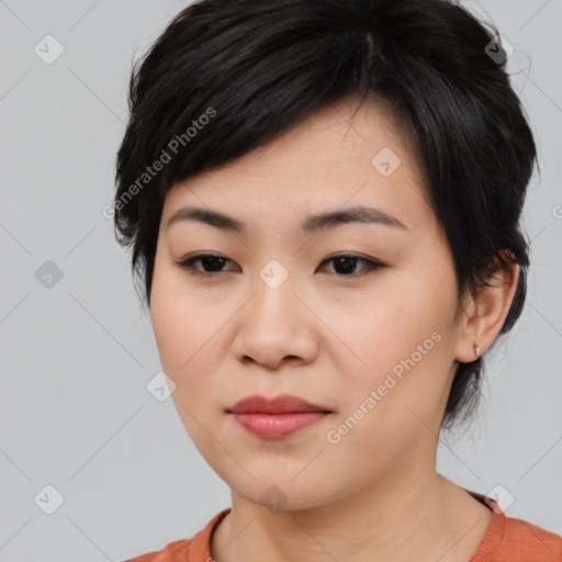 Neutral asian young-adult female with medium  black hair and brown eyes