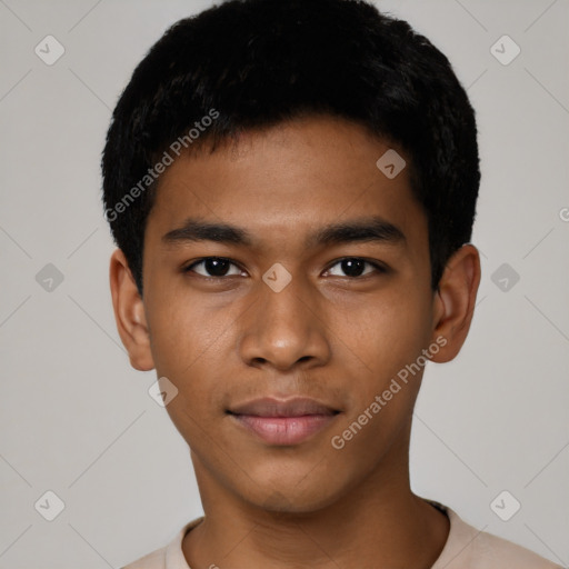 Neutral latino young-adult male with short  black hair and brown eyes