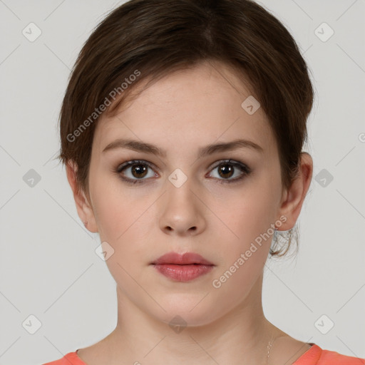 Neutral white young-adult female with short  brown hair and brown eyes