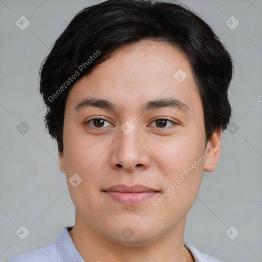 Joyful asian young-adult male with short  brown hair and brown eyes